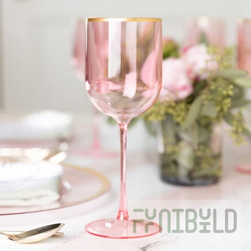 Posh Setting 12 oz. Round Pink Plastic Wine Goblet with Gold Rim - 60/Case
