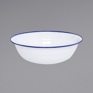 Crow Canyon Home V25BLU Vintage 8 Qt. White Round Enamelware Footed Basin with Blue Rolled Rim Crow Canyon Home V25BLU Vintage 8 Qt. White Round Enamelware Footed Basin with Blue Rolled Rim