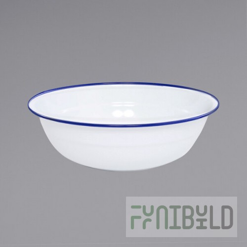 Crow Canyon Home V25BLU Vintage 8 Qt. White Round Enamelware Footed Basin with Blue Rolled Rim