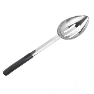 TableCraft AM5354BK Antimicrobial 6 oz. Stainless Steel Slotted Oval Portion Spoon with Black Handle