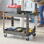 Lavex Large Black 2-Shelf Utility Cart with Premium Handle and Built-In Tool Compartments - 46 3/4