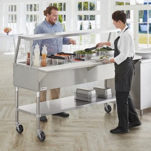 ServIt Stainless Steel 5 Pan Ice-Cooled Food Table with Angled Sneeze Guard and 5 ServIt Stainless Steel 5 Pan Ice-Cooled Food Table with Angled Sneeze Guard and 5