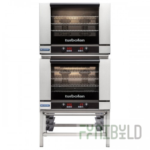 Moffat E28D4/2 Turbofan Double Deck Full Size Electric Digital Convection Oven with Steam Injection and Stainless Steel Stand - 208V, 1 Phase, 10.8 kW
