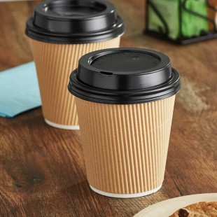 Choice 10 oz. Double Wall Ripple Kraft Paper Hot Cup and Black Lid - 100/Case