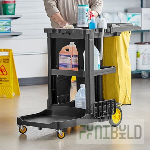 Lavex Premium Black 3-Shelf Janitor Cart Kit with Yellow Bag, Black Zippered Bag, and Lid