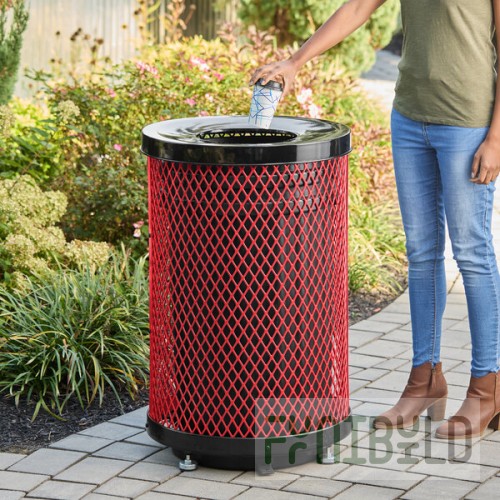 Lancaster Table & Seating 36 Gallon Heavy-Duty Round Red Expanded Steel Outdoor Trash Can with Flat Lid