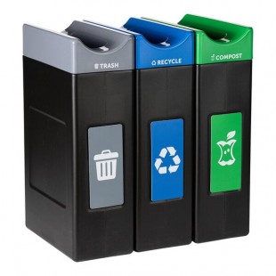 Commercial Zone Avante 90 Gallon Blue / Gray / Green Polyethylene Rectangular Indoor / Outdoor Narrow Three-Stream Trash / Recycling / Compost Bin