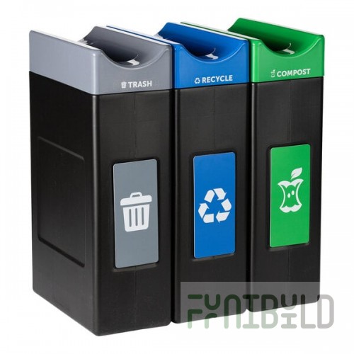 Commercial Zone Avante 90 Gallon Blue / Gray / Green Polyethylene Rectangular Indoor / Outdoor Narrow Three-Stream Trash / Recycling / Compost Bin