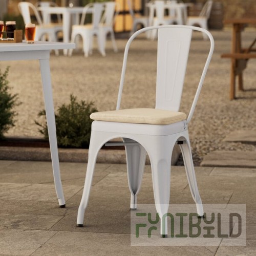 Lancaster Table & Seating Alloy Pearl White Outdoor Cafe Chair with Tan Fabric Magnetic Cushion