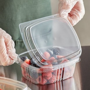 Choice 12 oz. Clear Recycled PET Tall Hinged Deli Container with Domed Lid - 50/Pack Choice 12 oz. Clear Recycled PET Tall Hinged Deli Container with Domed Lid - 50/Pack