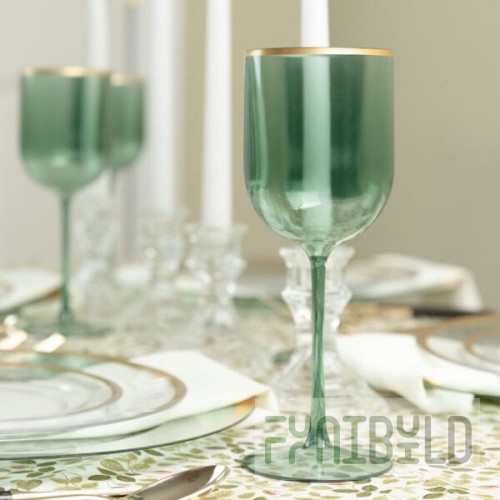 Posh Setting 12 oz. Round Green Plastic Wine Goblet with Gold Rim - 60/Case