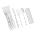 Choice Medium Weight White Wrapped Polypropylene Plastic Cutlery Set with Napkin - 500/Case Choice Medium Weight White Wrapped Polypropylene Plastic Cutlery Set with Napkin - 500/Case