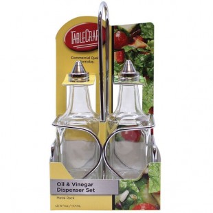 TableCraft H600N2 European Collection 6 oz. 3 Piece Clear Glass Oil and Vinegar Cruet Set with Chrome Rack