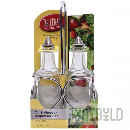 TableCraft H600N2 European Collection 6 oz. 3 Piece Clear Glass Oil and Vinegar Cruet Set with Chrome Rack