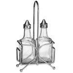 TableCraft H600N2 European Collection 6 oz. 3 Piece Clear Glass Oil and Vinegar Cruet Set with Chrome Rack