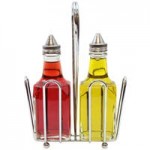 TableCraft H600N2 European Collection 6 oz. 3 Piece Clear Glass Oil and Vinegar Cruet Set with Chrome Rack