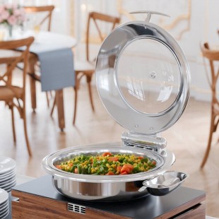 Acopa Voyage 6 Qt. Round Stainless Steel Induction Chafer with Glass Top and Soft-Close Lid Acopa Voyage 6 Qt. Round Stainless Steel Induction Chafer with Glass Top and Soft-Close Lid