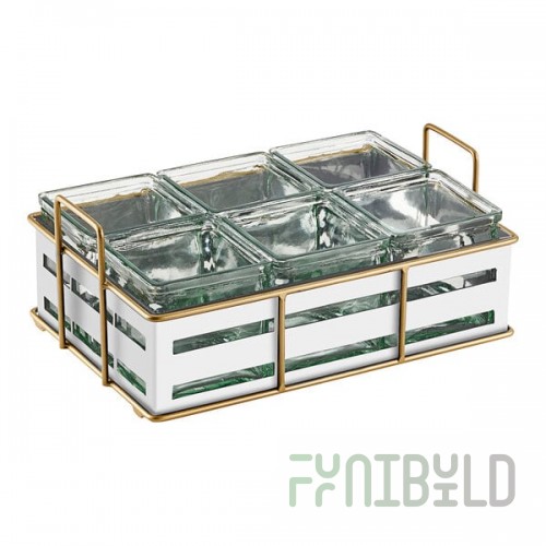 Cal-Mil Empire White / Gold Metal Jar Display with 6 Glass Jars - 12 1/2