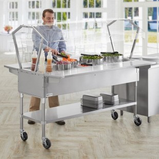 ServIt Stainless Steel 5 Pan Ice-Cooled Food Table with 2-Sided Sneeze Guard, Side Trays, and 5 ServIt Stainless Steel 5 Pan Ice-Cooled Food Table with 2-Sided Sneeze Guard, Side Trays, and 5