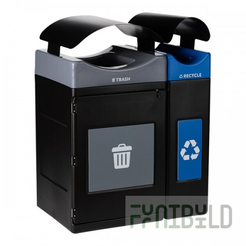 Commercial Zone Avante 85 Gallon Blue / Gray Polyethylene Rectangular Indoor / Outdoor Narrow Two-Stream Trash Can / Recycling Bin with Canopy Tops