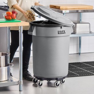 Lavex 32 Gallon Gray Round Commercial Trash Can with Lid and Dolly