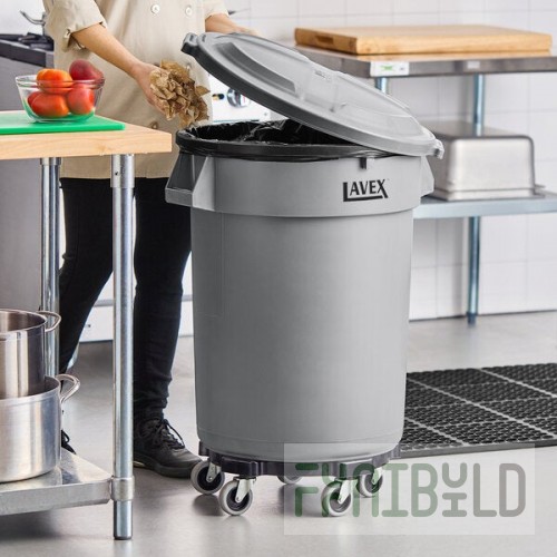 Lavex 32 Gallon Gray Round Commercial Trash Can with Lid and Dolly