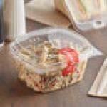Choice 16 oz. Clear Recycled PET Tall Hinged Deli Container with Domed Lid - 50/Pack Choice 16 oz. Clear Recycled PET Tall Hinged Deli Container with Domed Lid - 50/Pack
