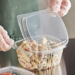 Choice 16 oz. Clear Recycled PET Tall Hinged Deli Container with Domed Lid - 50/Pack Choice 16 oz. Clear Recycled PET Tall Hinged Deli Container with Domed Lid - 50/Pack