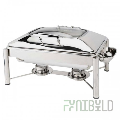 Eastern Tabletop 3935GPL Crown 8 Qt. Stainless Steel Rectangular Induction / Traditional Chafer with Pillar'd Stand and Hinged Glass Dome Cover