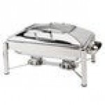 Eastern Tabletop 3935GPL Crown 8 Qt. Stainless Steel Rectangular Induction / Traditional Chafer with Pillar'd Stand and Hinged Glass Dome Cover