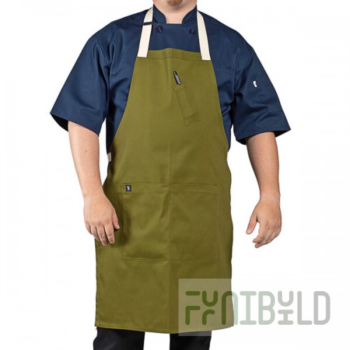 Uncommon Chef 3127 Moss Green Customizable Poly-Cotton Avalanche Bib Apron with Natural Webbing and 3 Pockets - 34