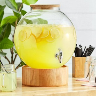 Acopa 5 Gallon Fishbowl Beverage Dispenser with Cork Lid and Wood Base Acopa 5 Gallon Fishbowl Beverage Dispenser with Cork Lid and Wood Base