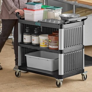 Choice Black Utility / Bussing Cart with Three Shelves and Three Side Panels - 38