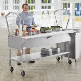 ServIt Stainless Steel 5 Pan Ice-Cooled Food Table with 2-Sided Sneeze Guard and 5 ServIt Stainless Steel 5 Pan Ice-Cooled Food Table with 2-Sided Sneeze Guard and 5