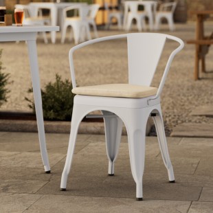 Lancaster Table & Seating Alloy Pearl White Outdoor Arm Chair with Tan Fabric Magnetic Cushion