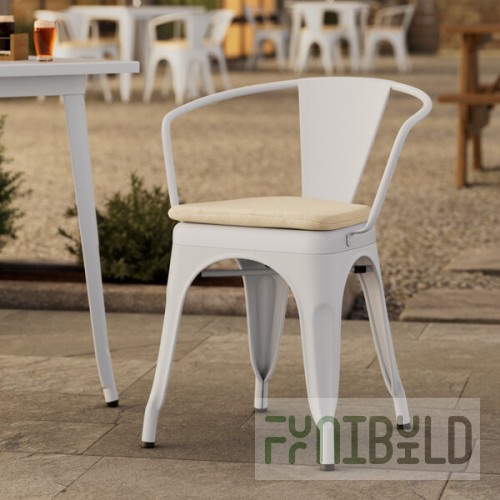 Lancaster Table & Seating Alloy Pearl White Outdoor Arm Chair with Tan Fabric Magnetic Cushion