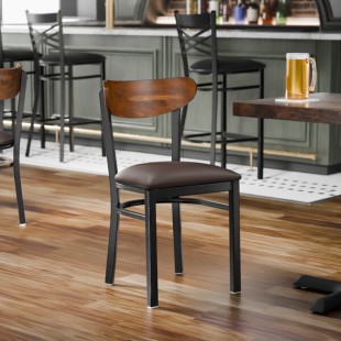Lancaster Table & Seating Boomerang Black Finish Chair with Dark Brown Vinyl Seat and Vintage Wood Back Lancaster Table & Seating Boomerang Black Finish Chair with Dark Brown Vinyl Seat and Vintage Wood Back