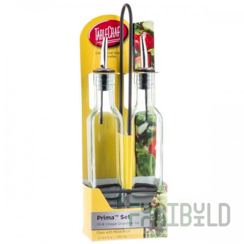 TableCraft H9085NBK Prima 8.5 oz. 3 Piece Green Tinted Glass Oil and Vinegar Cruet Set with Black Rack