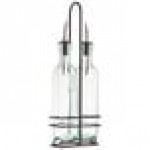 TableCraft H9085NBK Prima 8.5 oz. 3 Piece Green Tinted Glass Oil and Vinegar Cruet Set with Black Rack