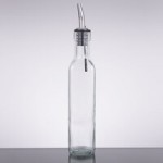 TableCraft H9085NBK Prima 8.5 oz. 3 Piece Green Tinted Glass Oil and Vinegar Cruet Set with Black Rack