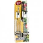 TableCraft H9085NBK Prima 8.5 oz. 3 Piece Green Tinted Glass Oil and Vinegar Cruet Set with Black Rack