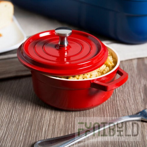 GET Heiss 8 oz. Red / White Enamel Coated Cast Aluminum Mini Coated Cast Aluminum Round Bistro Pot with Lid CA-002-RW/CC