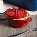 GET Heiss 8 oz. Red / White Enamel Coated Cast Aluminum Mini Coated Cast Aluminum Round Bistro Pot with Lid CA-002-RW/CC GET Heiss 8 oz. Red / White Enamel Coated Cast Aluminum Mini Coated Cast Aluminum Round Bistro Pot with Lid CA-002-RW/CC