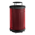 Lancaster Table & Seating 36 Gallon Heavy-Duty Round Red Expanded Steel Outdoor Trash Can with Rain Bonnet Lid