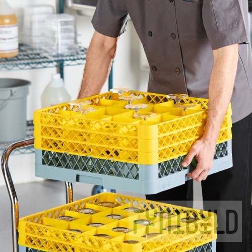 Noble Warewashing 16-Compartment Gray Full-Size Glass Rack with 3 Yellow Extenders