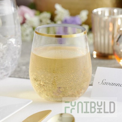 Visions Dynasty 12 oz. Clear Plastic Stemless Wine Glass with Gold Rim - 64/Case