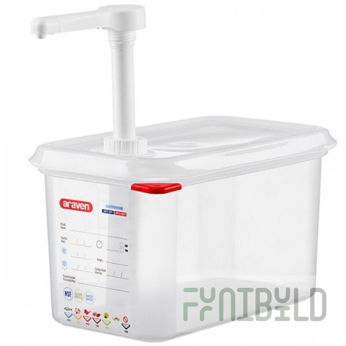 Araven 4.5 Qt. Translucent Condiment Pump Dispenser with 1 oz. Pump and Airtight Lid 01358