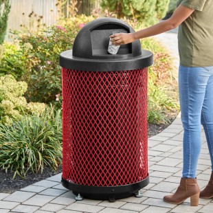 Lancaster Table & Seating 36 Gallon Heavy-Duty Round Red Expanded Steel Outdoor Trash Can with Dome Lid Lancaster Table & Seating 36 Gallon Heavy-Duty Round Red Expanded Steel Outdoor Trash Can with Dome Lid