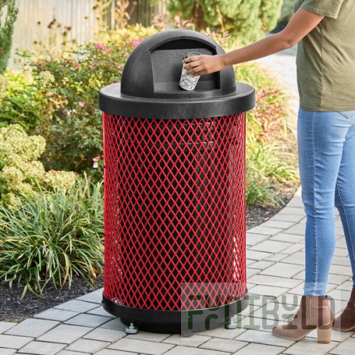 Lancaster Table & Seating 36 Gallon Heavy-Duty Round Red Expanded Steel Outdoor Trash Can with Dome Lid