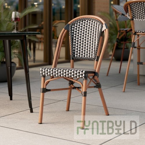 Lancaster Table & Seating Bistro Black and White Checkered Weave Rattan Outdoor Side Chair